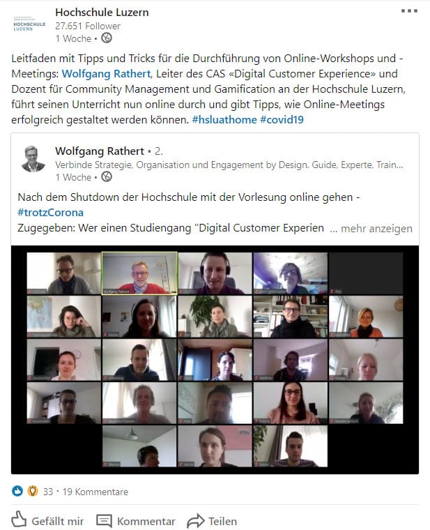 Wolfgang Rathert, Leiter des CAS «Digital Customer Experience» und Dozent für Community Management und Gamification an der Hochschule Luzern, führt seinen Unterricht nun online durch und gibt Tipps, wie Online-Meetings erfolgreich gestaltet werden können. Wolfgang Rathert, Leiter des CAS «Digital Customer Experience» und Dozent für Community Management und Gamification an der Hochschule Luzern, führt seinen Unterricht nun online durch und gibt Tipps, wie Online-Meetings erfolgreich gestaltet werden können.